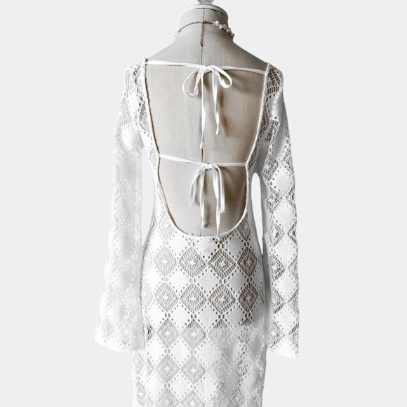 H&M White Crochet Sheer Long Sleeve Side Slit Maxi Bodycon Beach Dress Size XS/S - Picture 7 of 8
